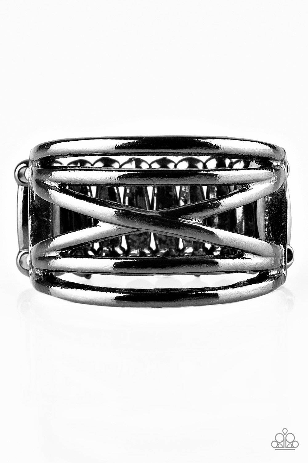 Way Wayward - Black Gunmetal Crisscross Ring - Paparazzi Accessories - GlaMarous Titi Jewels