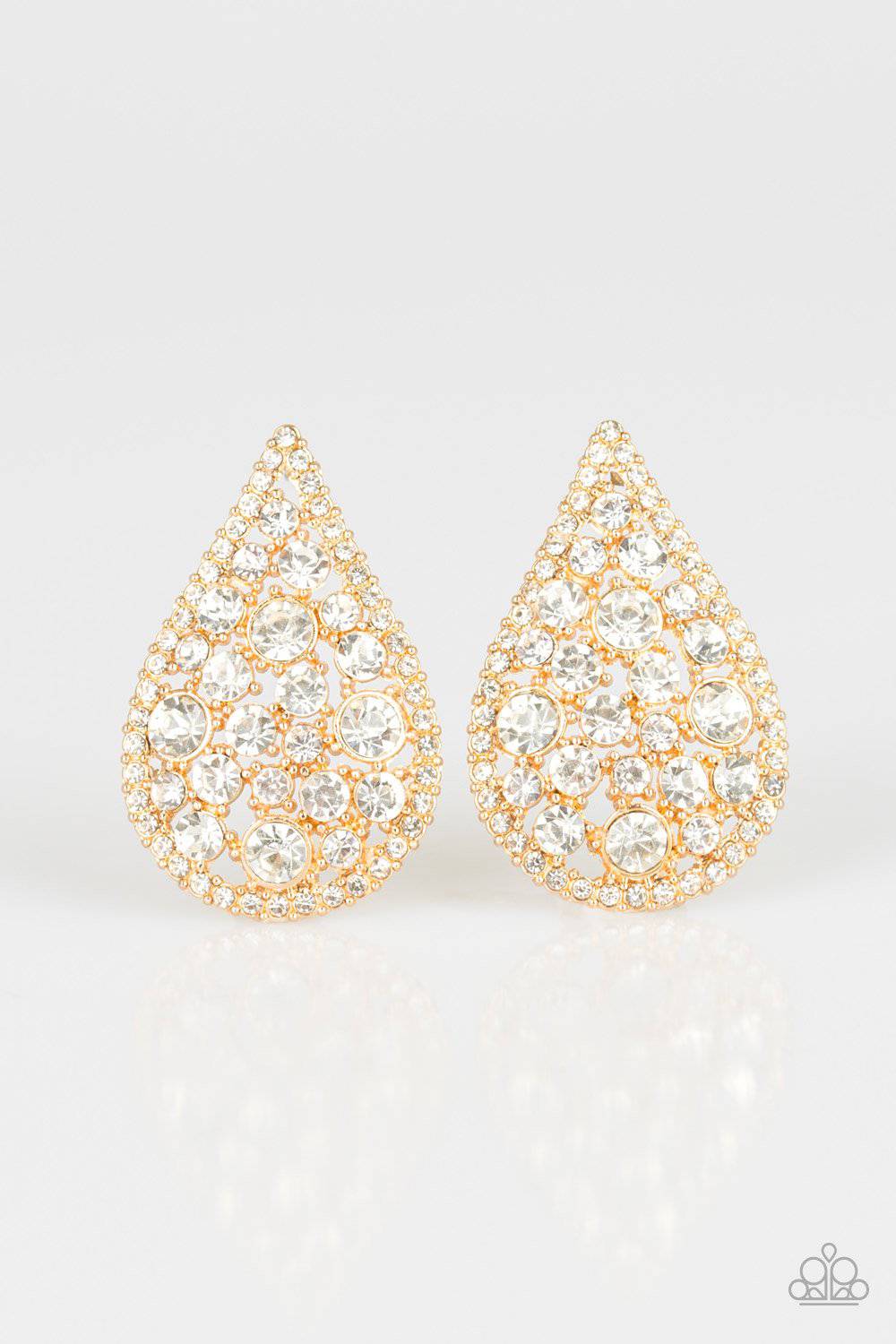 REIGN-Storm - Gold Rhinestone Earrings - Paparazzi Accessories - GlaMarous Titi Jewels