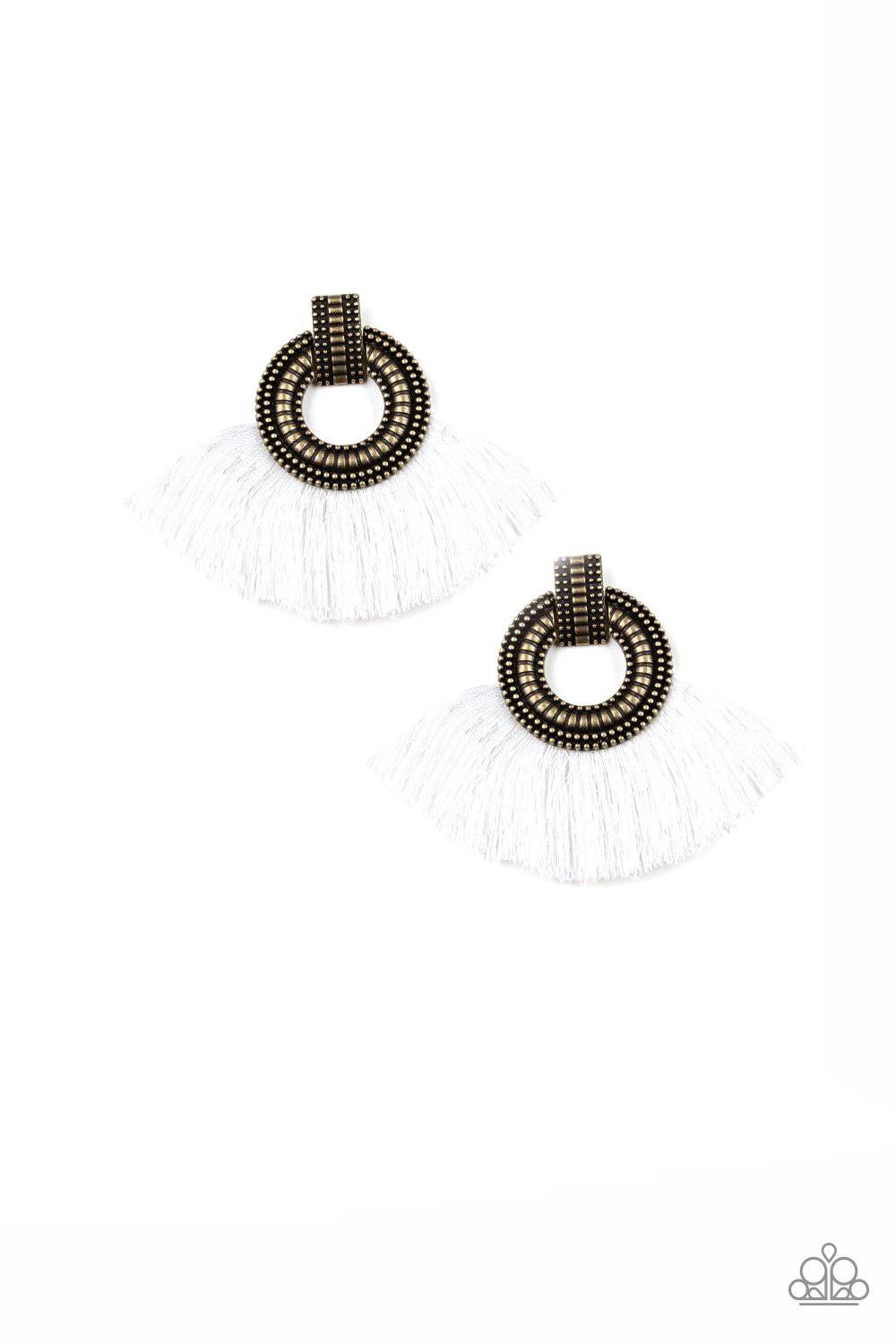 I Am Spartacus - Brass & White Fringe Earrings - Paparazzi Accessories - GlaMarous Titi Jewels