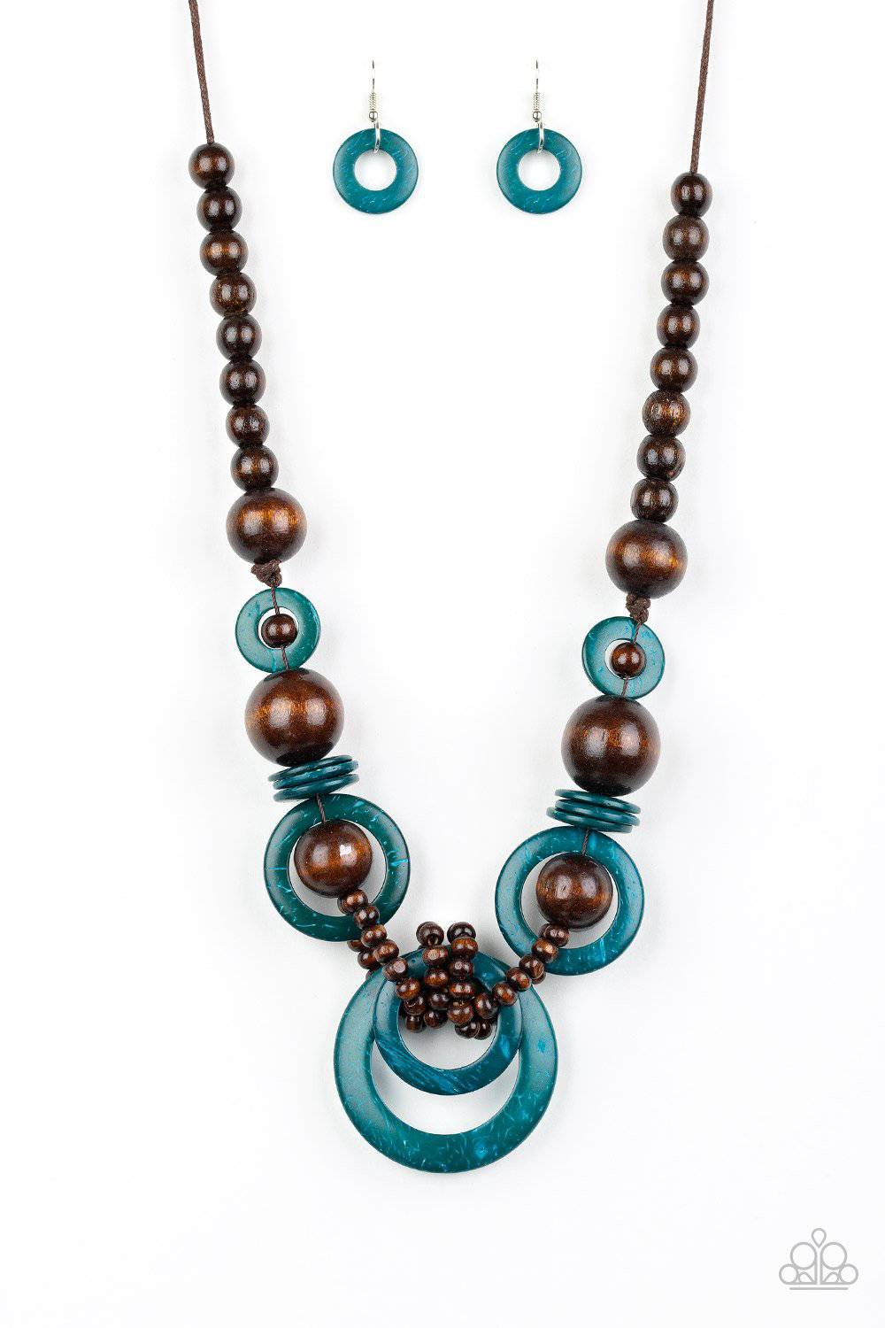 Boardwalk Party - Brown & Blue Wooden Necklace - Paparazzi Accessories - GlaMarous Titi Jewels