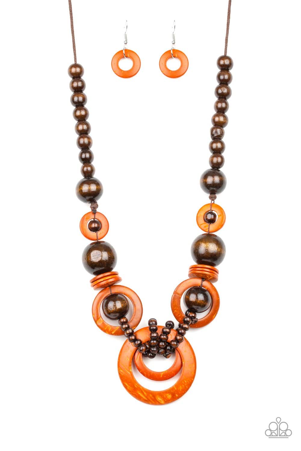 Boardwalk Party - Orange & Brown Wood Necklace - Paparazzi Accessories - GlaMarous Titi Jewels