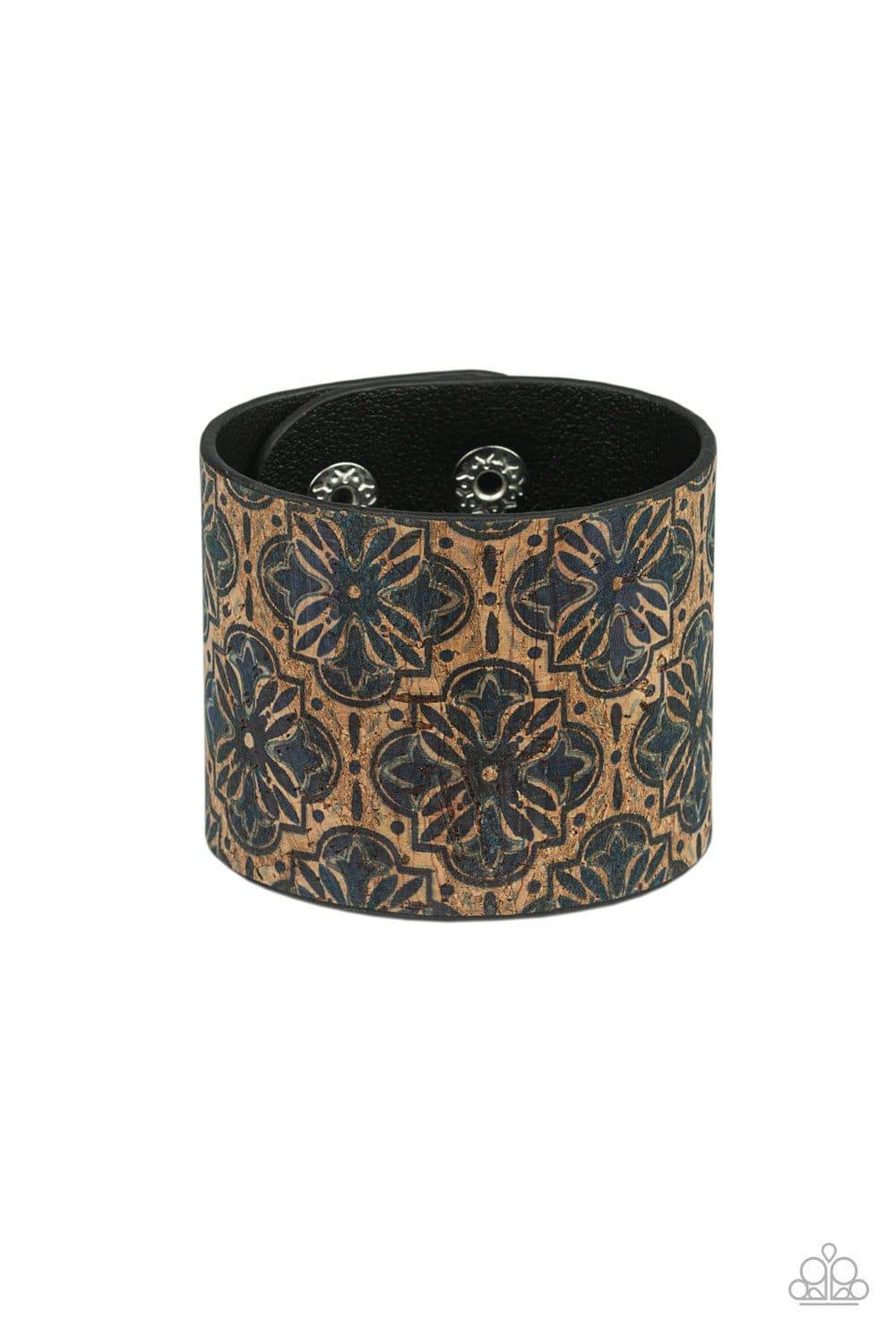 Cork Culture - Blue Floral Cork-Like Leather Snap Bracelet - Paparazzi Accessories - GlaMarous Titi Jewels