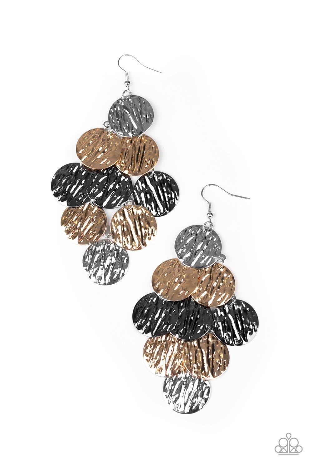 Uptown Edge - Gold, Gunmetal and Silver Disc Earrings - Paparazzi Accessories - GlaMarous Titi Jewels