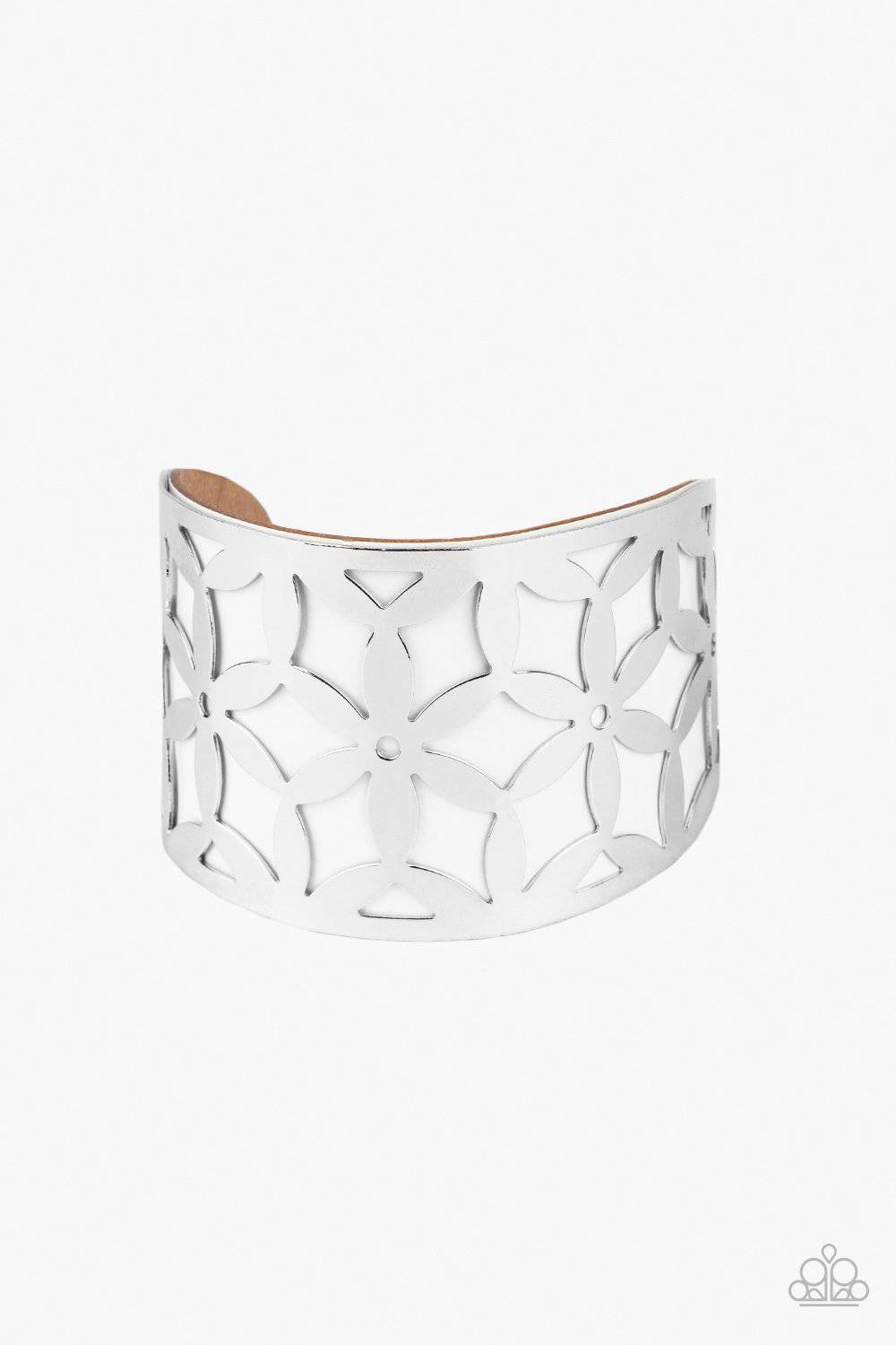 Garden Fiesta - White Stenciled Cuff Bracelet - Paparazzi Accessories - GlaMarous Titi Jewels