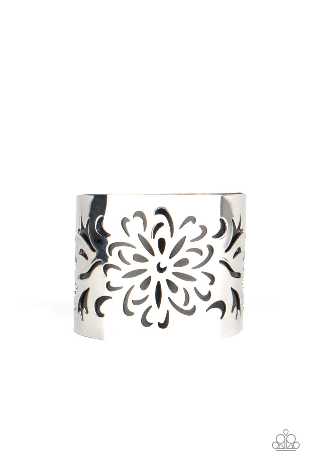 Get Your Bloom On - Black Floral Cuff Bracelet - Paparazzi Accessories - GlaMarous Titi Jewels