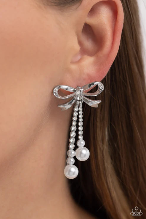 Paparazzi Bodacious Bow - White Post Earrings