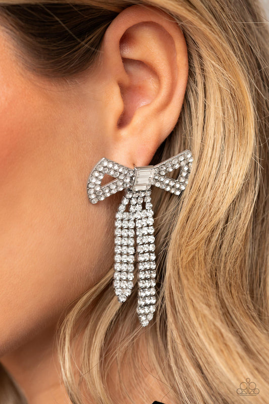 Just BOW With It - White Rhinestone Earrings ♥ Paparazzi Accessories