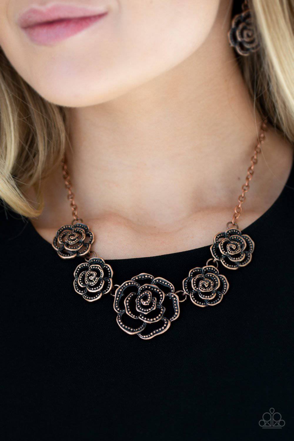 Primrose Princess - Copper Floral Frame Necklace - Paparazzi Accessories - GlaMarous Titi Jewels
