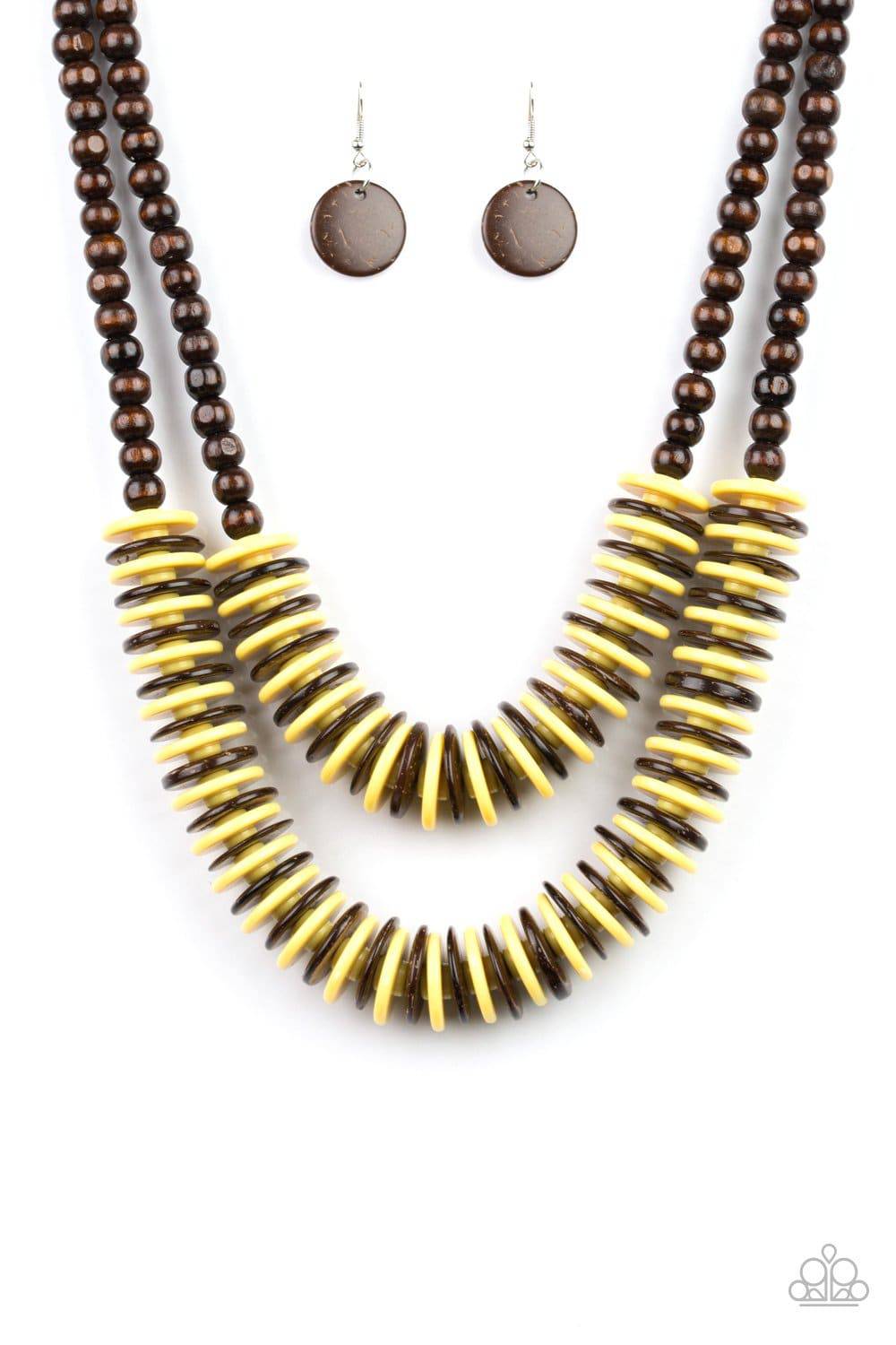 Dominican Disco - Yellow & Brown Wood Necklace - Paparazzi Accessories - GlaMarous Titi Jewels
