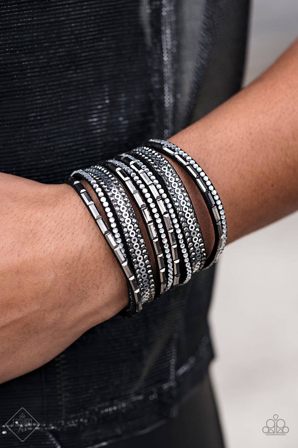 A Wait-and-SEQUIN Attitude - Black & White Rhinestone Wrap Bracelet - Paparazzi Accessories - GlaMarous Titi Jewels