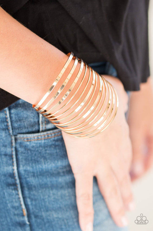 Front Line Shine - Gold Cuff Bracelet - Paparazzi Accessories - GlaMarous Titi Jewels