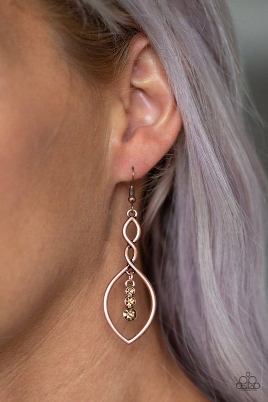 Timeless Twist - Copper Rhinestone Earrings - Paparazzi Accessories - GlaMarous Titi Jewels