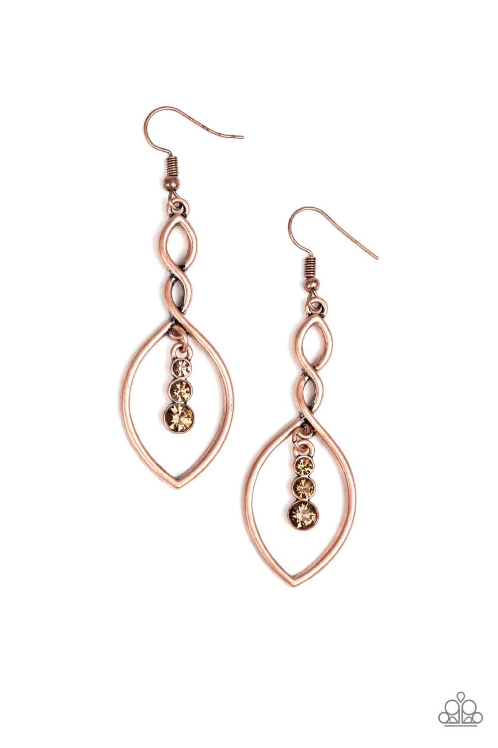 Timeless Twist - Copper Rhinestone Earrings - Paparazzi Accessories - GlaMarous Titi Jewels