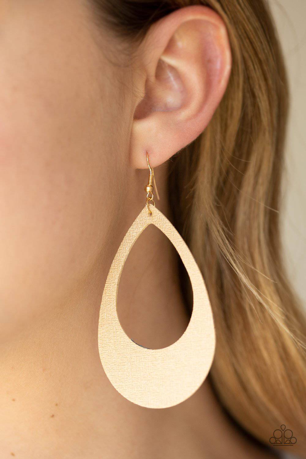 What a Natural - Gold Leather Teardrop Earrings - Paparazzi Accessories - GlaMarous Titi Jewels