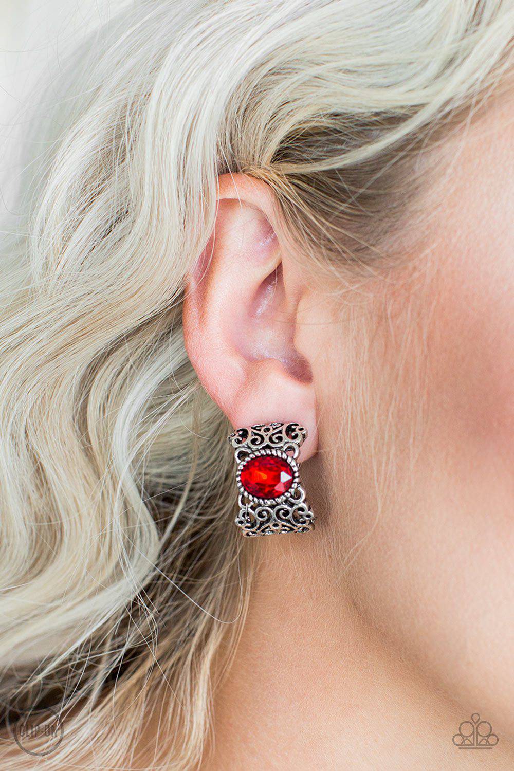 Glamorously Grand Duchess Red Clip-On Earrings - Paparazzi Accessories - GlaMarous Titi Jewels