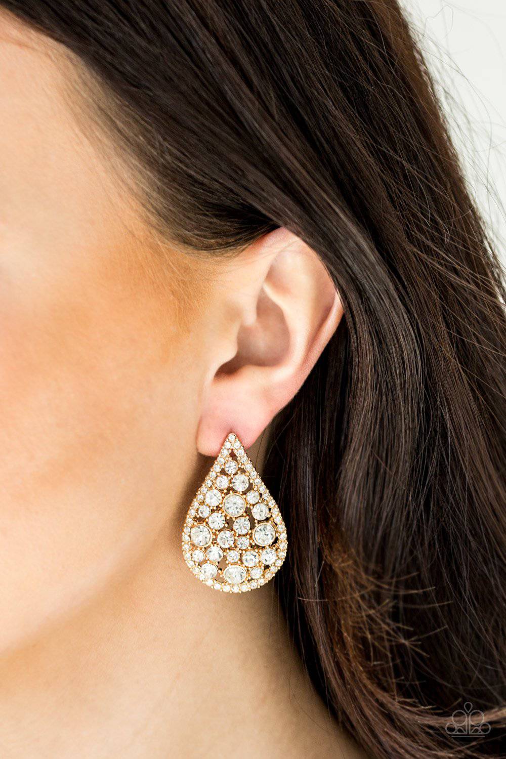 REIGN-Storm - Gold Rhinestone Earrings - Paparazzi Accessories - GlaMarous Titi Jewels