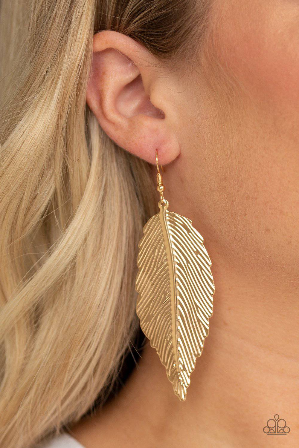 Lookin For A FLIGHT - Gold Feather Earrings - Paparazzi Accessories - GlaMarous Titi Jewels