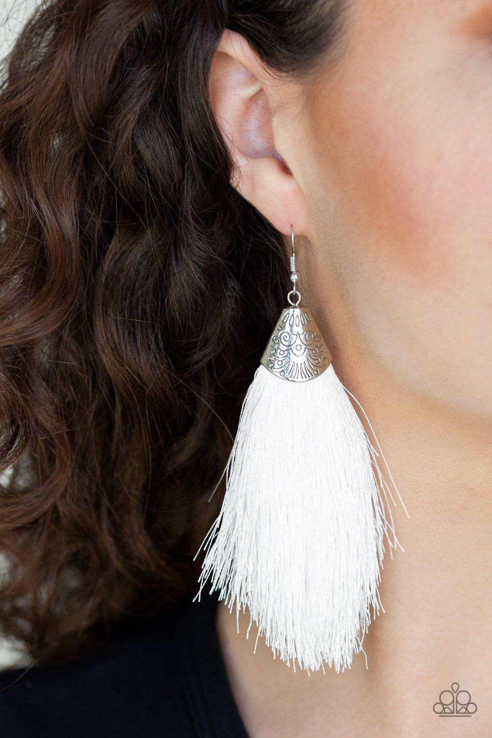 Tassel Temptress - White Tassel Earrings - Paparazzi Accessories - GlaMarous Titi Jewels