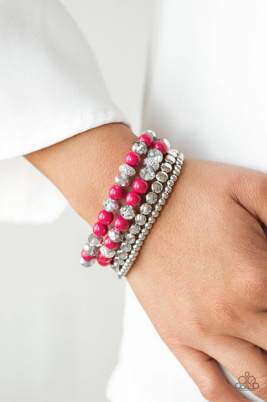 Socialize - Pink and Silver Bead Stretchy Bracelet - Paparazzi Accessories - GlaMarous Titi Jewels