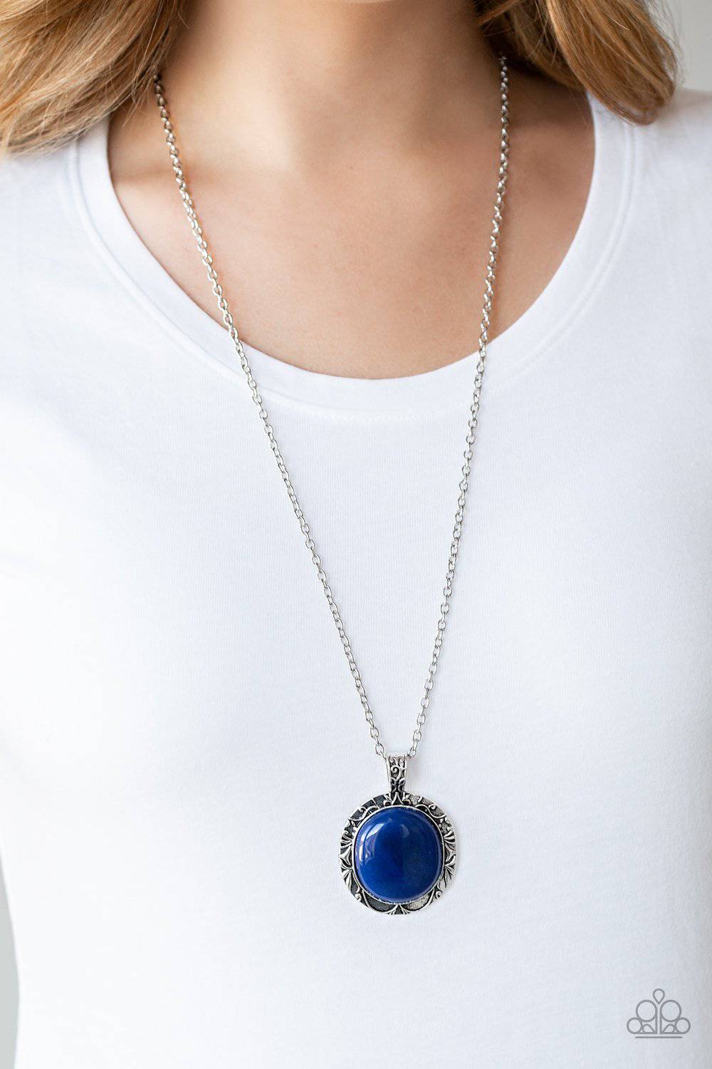 Stone Aura - Blue Leafy Filigree Pattern Necklace - Paparazzi Accessories - GlaMarous Titi Jewels