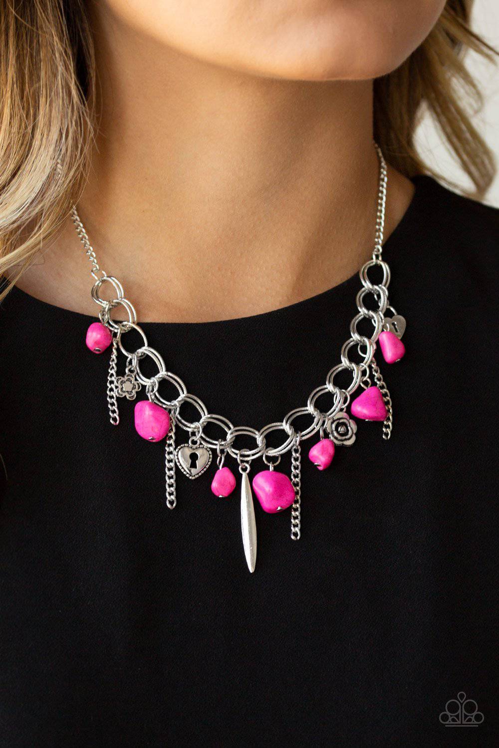Southern Sweetheart - Pink Floral and Heart Charm Necklace - Paparazzi - GlaMarous Titi Jewels