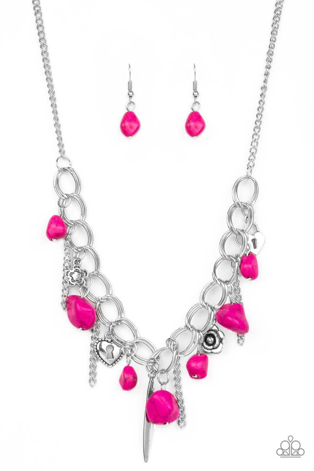 Southern Sweetheart - Pink Floral and Heart Charm Necklace - Paparazzi - GlaMarous Titi Jewels