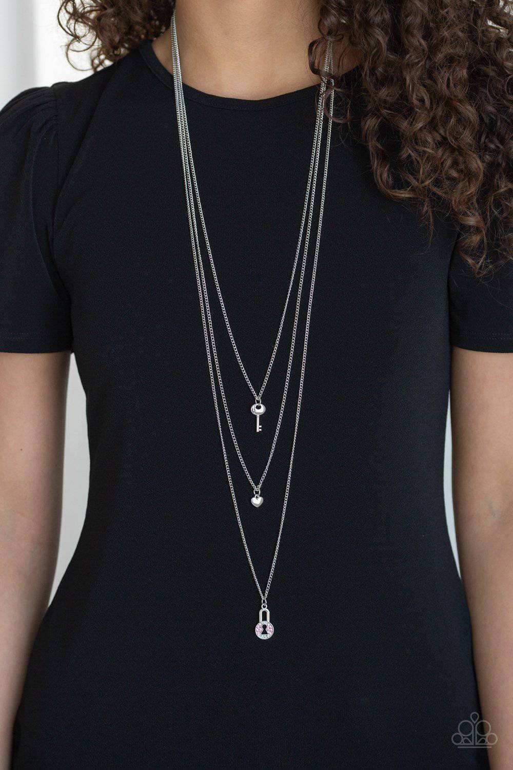 Secret Heart - Pink Key & Heart Rhinestone Necklace - Paparazzi Accessories - GlaMarous Titi Jewels