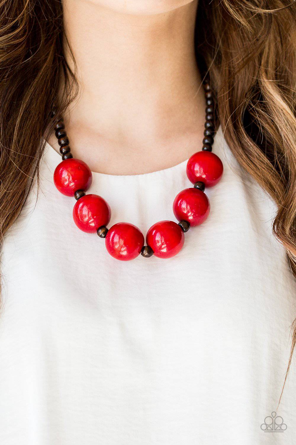 Oh My Miami - Red & Brown Wooden Bead Necklace - Paparazzi Accessories - GlaMarous Titi Jewels