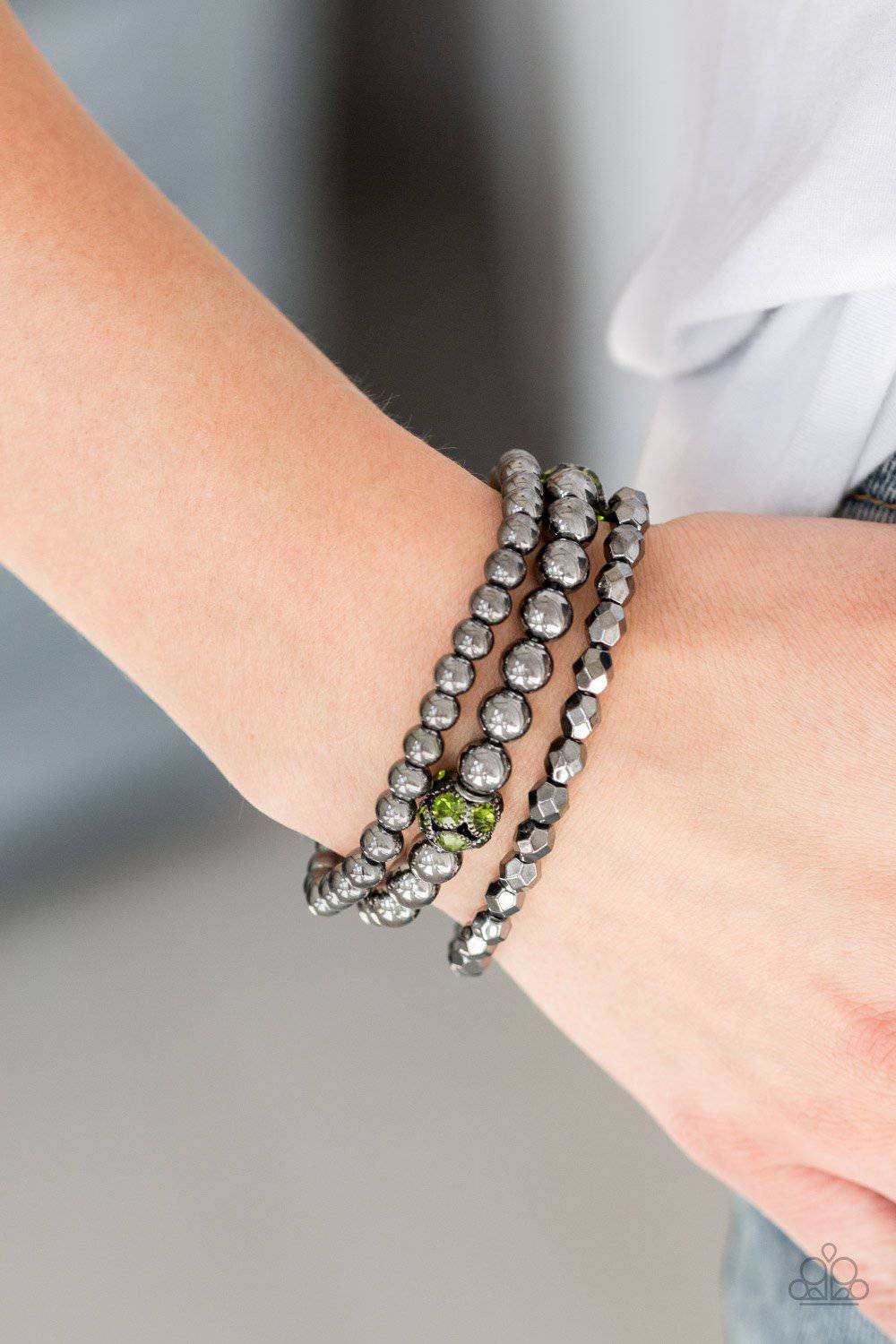 Noticeably Noir - Green Rhinestone Stretchy Bracelet - Paparazzi Accessories - GlaMarous Titi Jewels