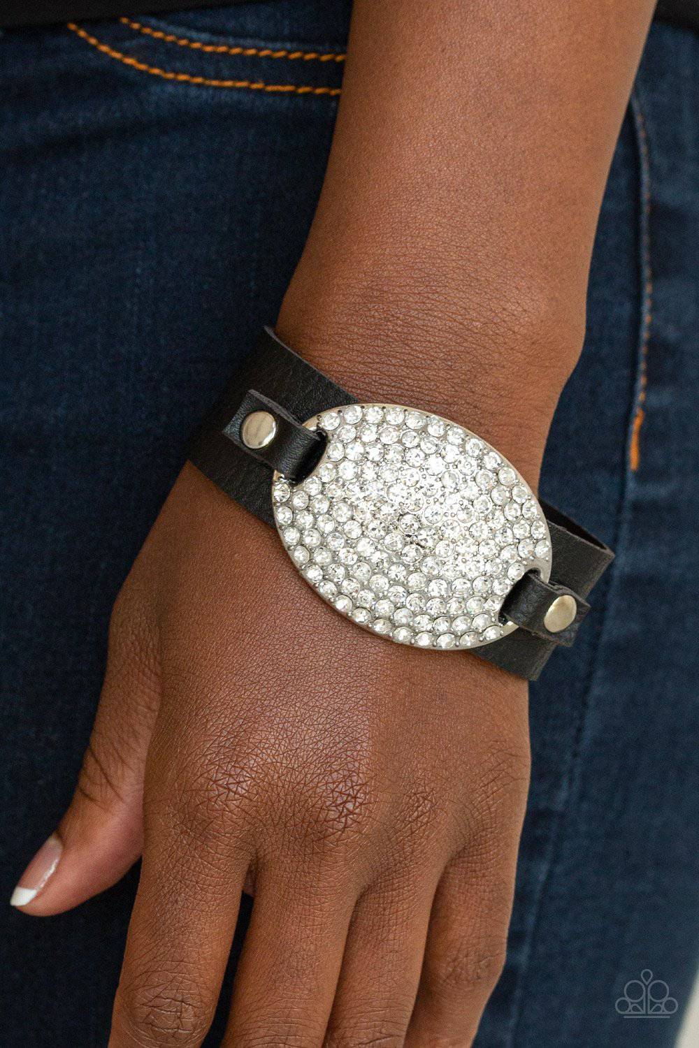 Better Recognize - Black & White Rhinestone Leather Bracelet - Paparazzi Accessories - GlaMarous Titi Jewels