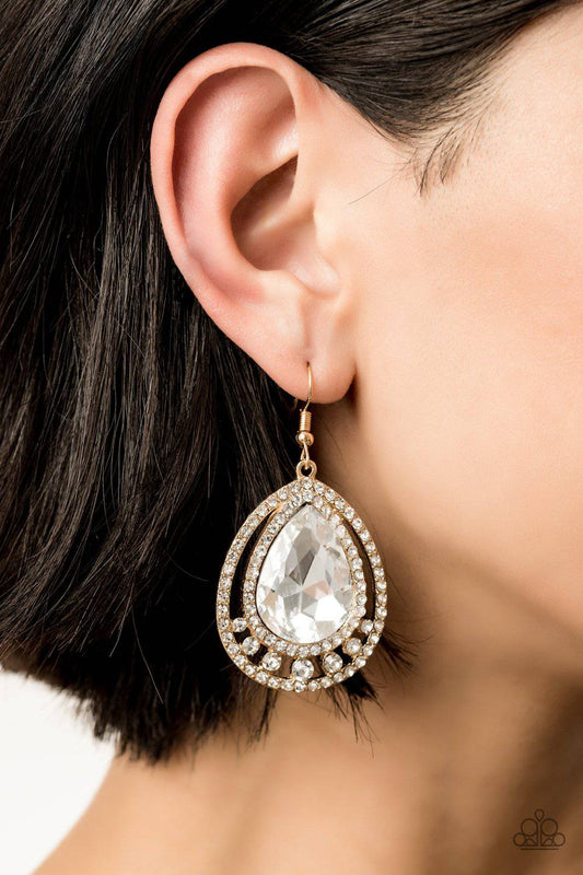 All Rise For Her Majesty - Gold & White Rhinestone Earrings - Paparazzi Accessories - GlaMarous Titi Jewels
