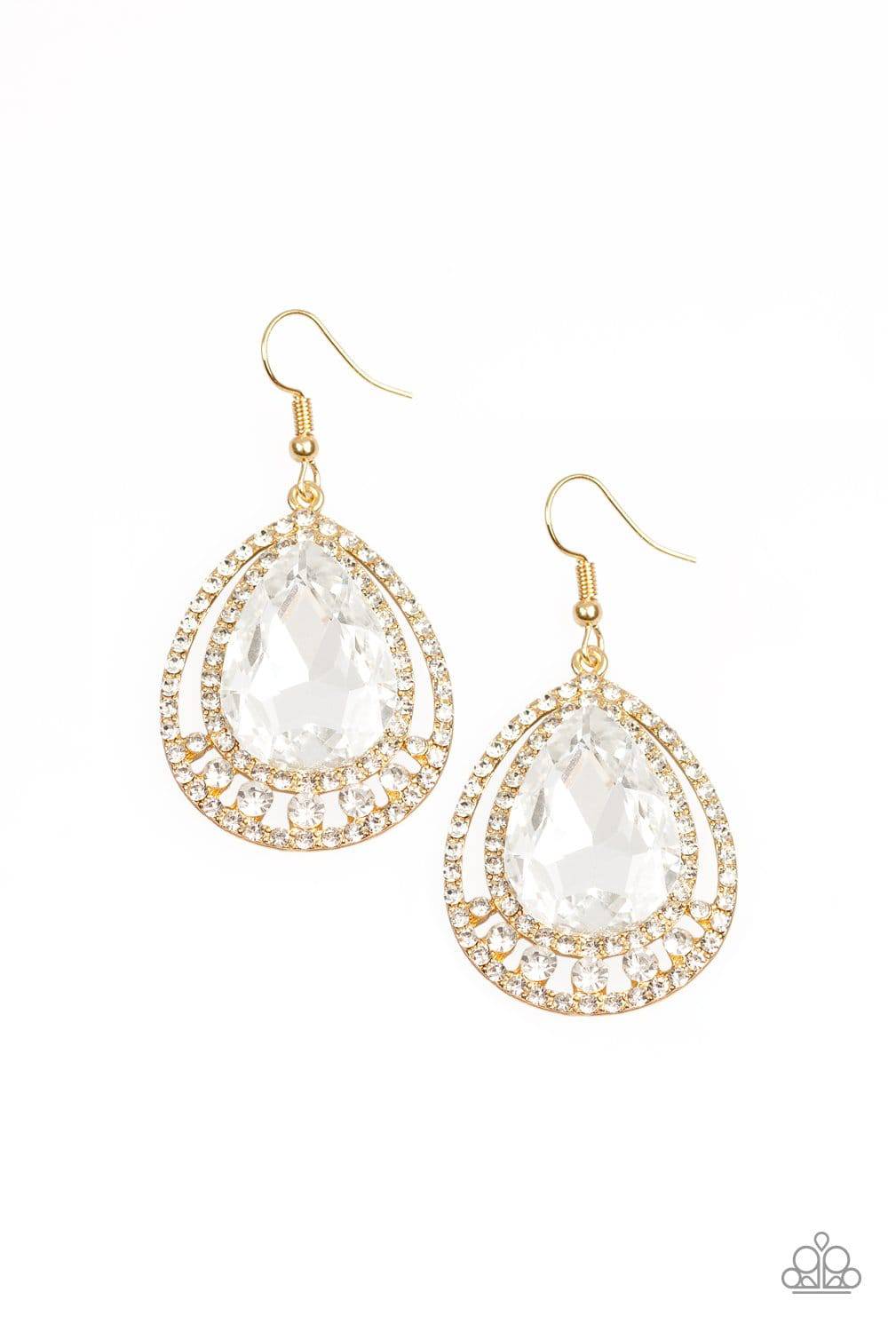 All Rise For Her Majesty - Gold & White Rhinestone Earrings - Paparazzi Accessories - GlaMarous Titi Jewels