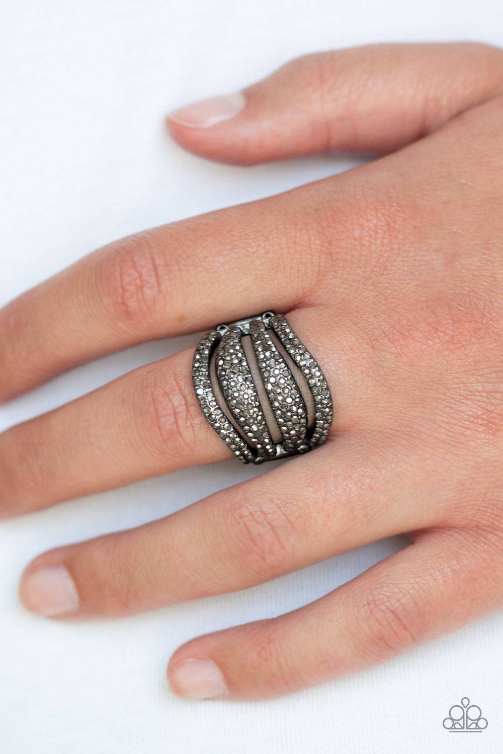 Roll Out The Diamonds - Black Hematite Rhinestone Ring - Paparazzi Accessories - GlaMarous Titi Jewels