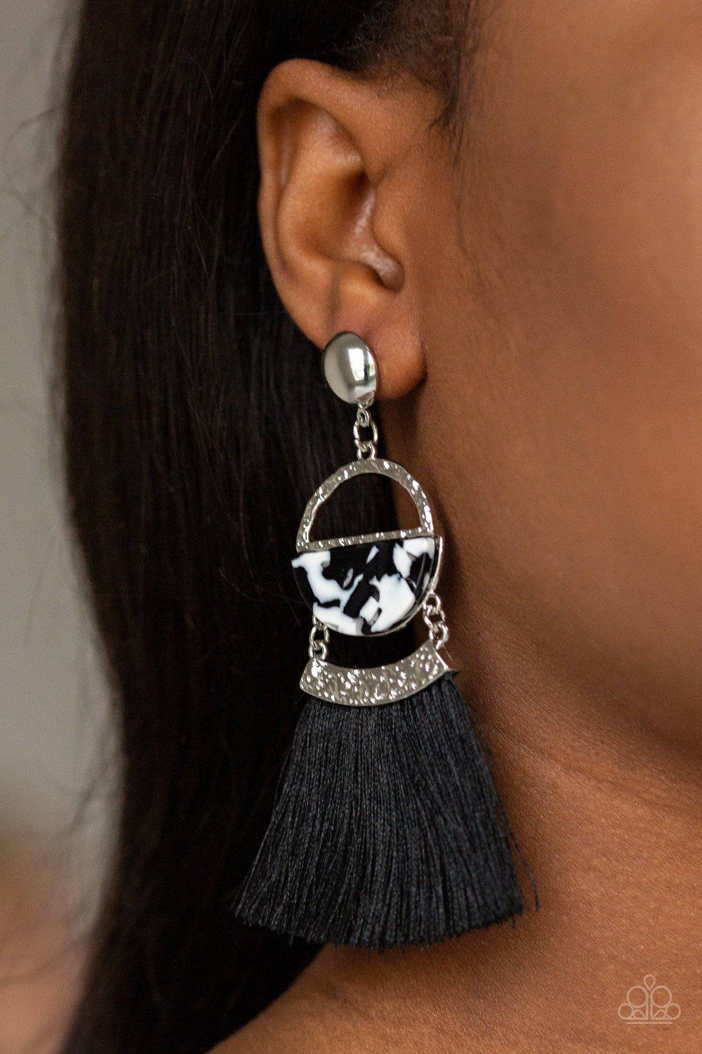 Tassel Trot - Black & White Acrylic Tassel Earrings - Paparazzi Accessories - GlaMarous Titi Jewels
