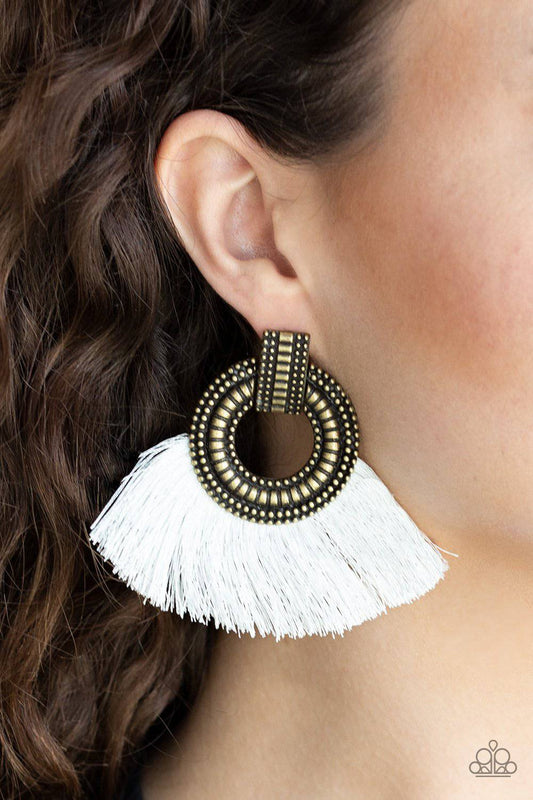 I Am Spartacus - Brass & White Fringe Earrings - Paparazzi Accessories - GlaMarous Titi Jewels