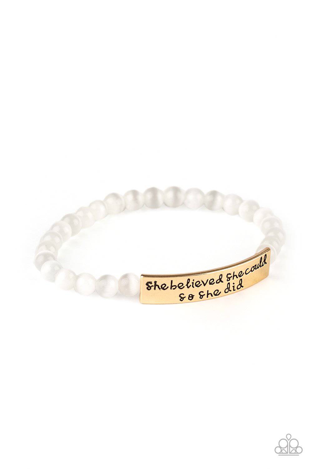 So She Did - Gold Stretchy Bracelet - Paparazzi Accessories - GlaMarous Titi Jewels