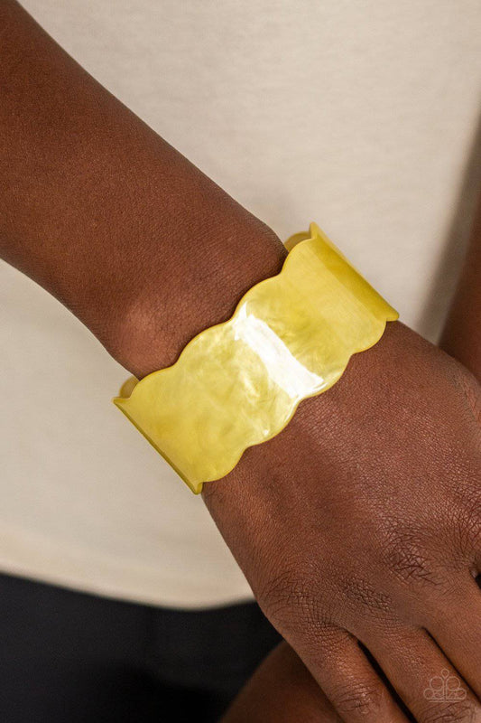 Retro Ruffle - Yellow Acrylic Cuff Bracelet - Paparazzi Accessories - GlaMarous Titi Jewels