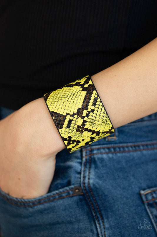The Rest is HISS-tory Yellow & Black Python Leather Bracelet - Paparazzi Accessories - GlaMarous Titi Jewels