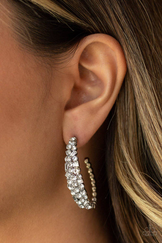 A GLITZY Conscience White Rhinestone Hoop Earrings - Paparazzi Accessories - GlaMarous Titi Jewels