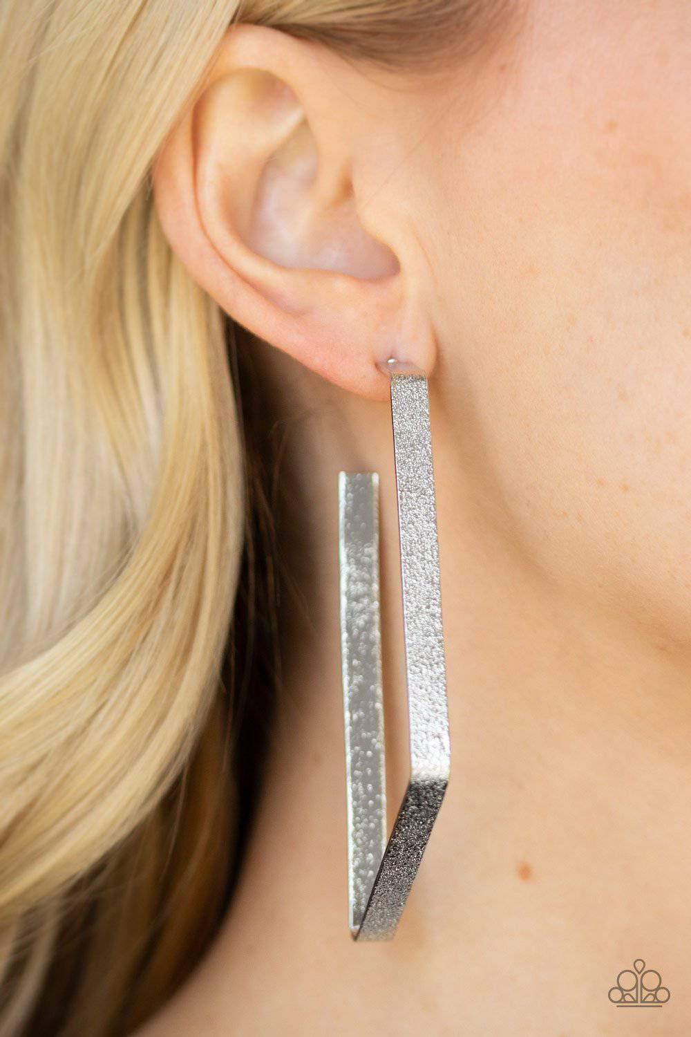 Way Over The Edge Glittery Silver Hoop Earrings - Paparazzi Accessories - GlaMarous Titi Jewels