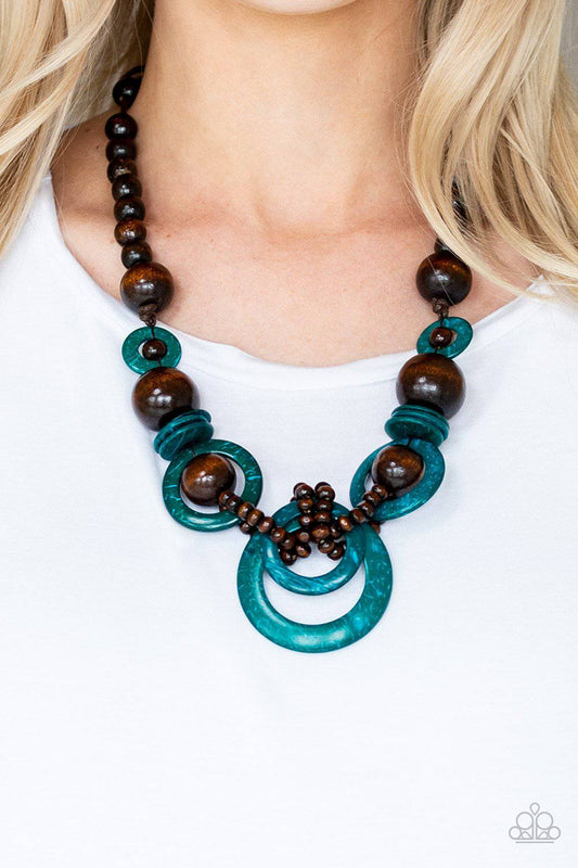 Boardwalk Party - Brown & Blue Wooden Necklace - Paparazzi Accessories - GlaMarous Titi Jewels
