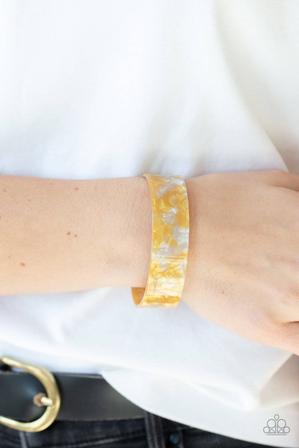 Glaze Daze - Yellow Acrylic Cuff Bracelet -Paparazzi Accessories - GlaMarous Titi Jewels