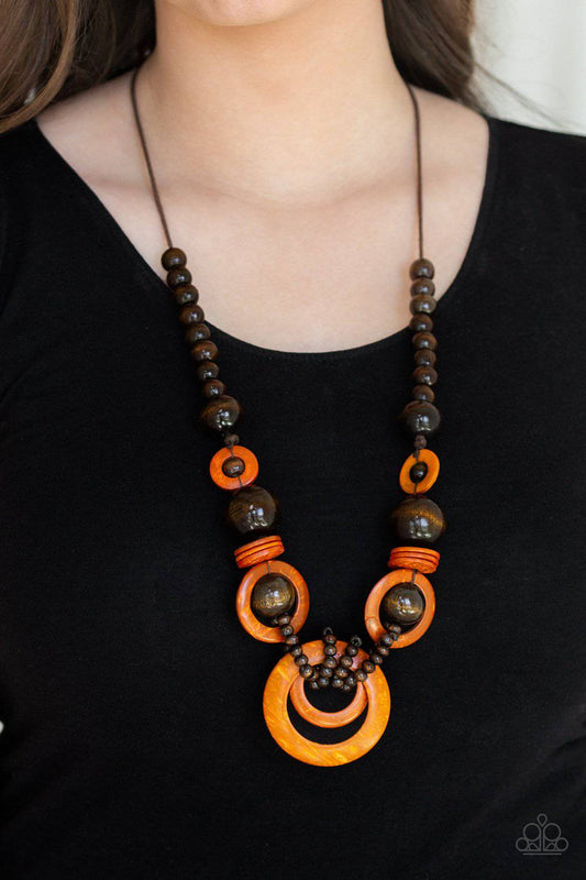 Boardwalk Party - Orange & Brown Wood Necklace - Paparazzi Accessories - GlaMarous Titi Jewels