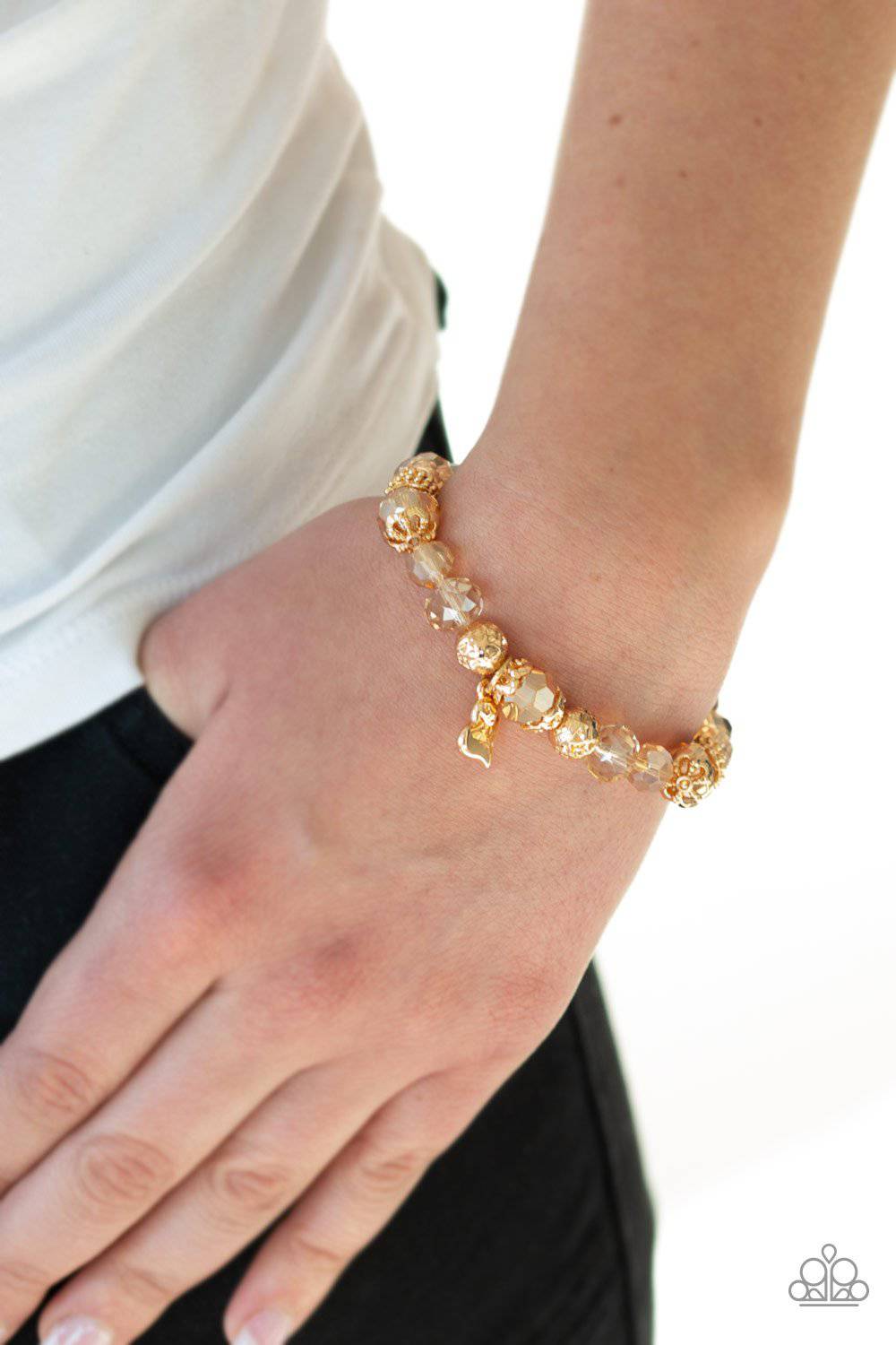 Right On The Romance - Gold Stretchy Charm Bracelet - Paparazzi Accessories - GlaMarous Titi Jewels