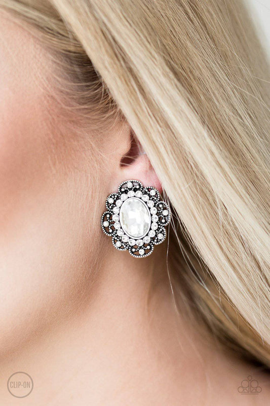 Dine and Dapper - White Rhinestone Clip-on Earrings - Paparazzi Accessories - GlaMarous Titi Jewels