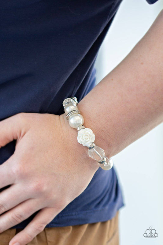 Here I Am - White & Silver Stretchy Bracelet - Paparazzi Accessories - GlaMarous Titi Jewels