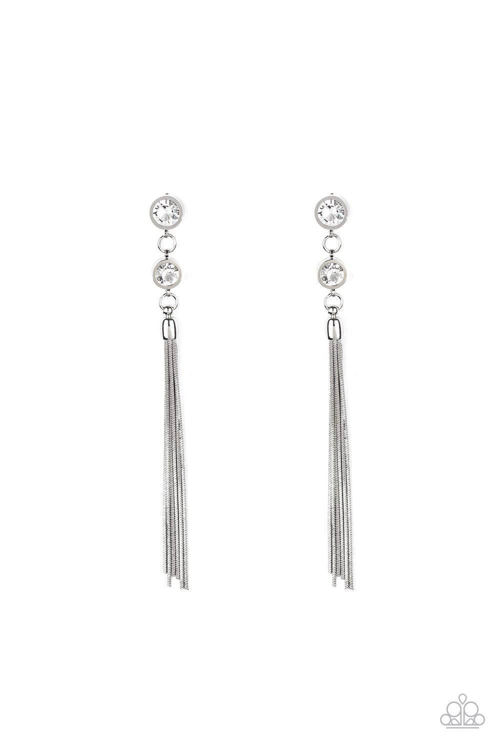 Tassel Twinkle - White Rhinestone Tassel Earrings- Paparazzi Accessories - GlaMarous Titi Jewels