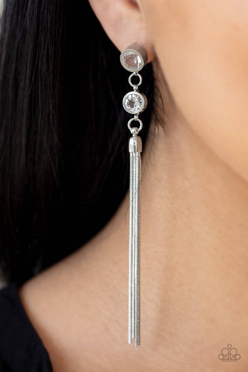 Tassel Twinkle - White Rhinestone Tassel Earrings- Paparazzi Accessories - GlaMarous Titi Jewels