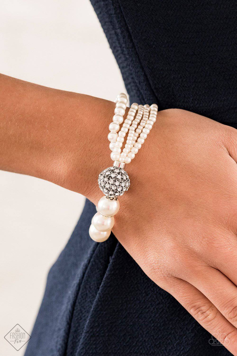 Show Them The DIOR - White Pearl Rhinestone Stretchy Bracelet - Paparazzi Accessories - GlaMarous Titi Jewels