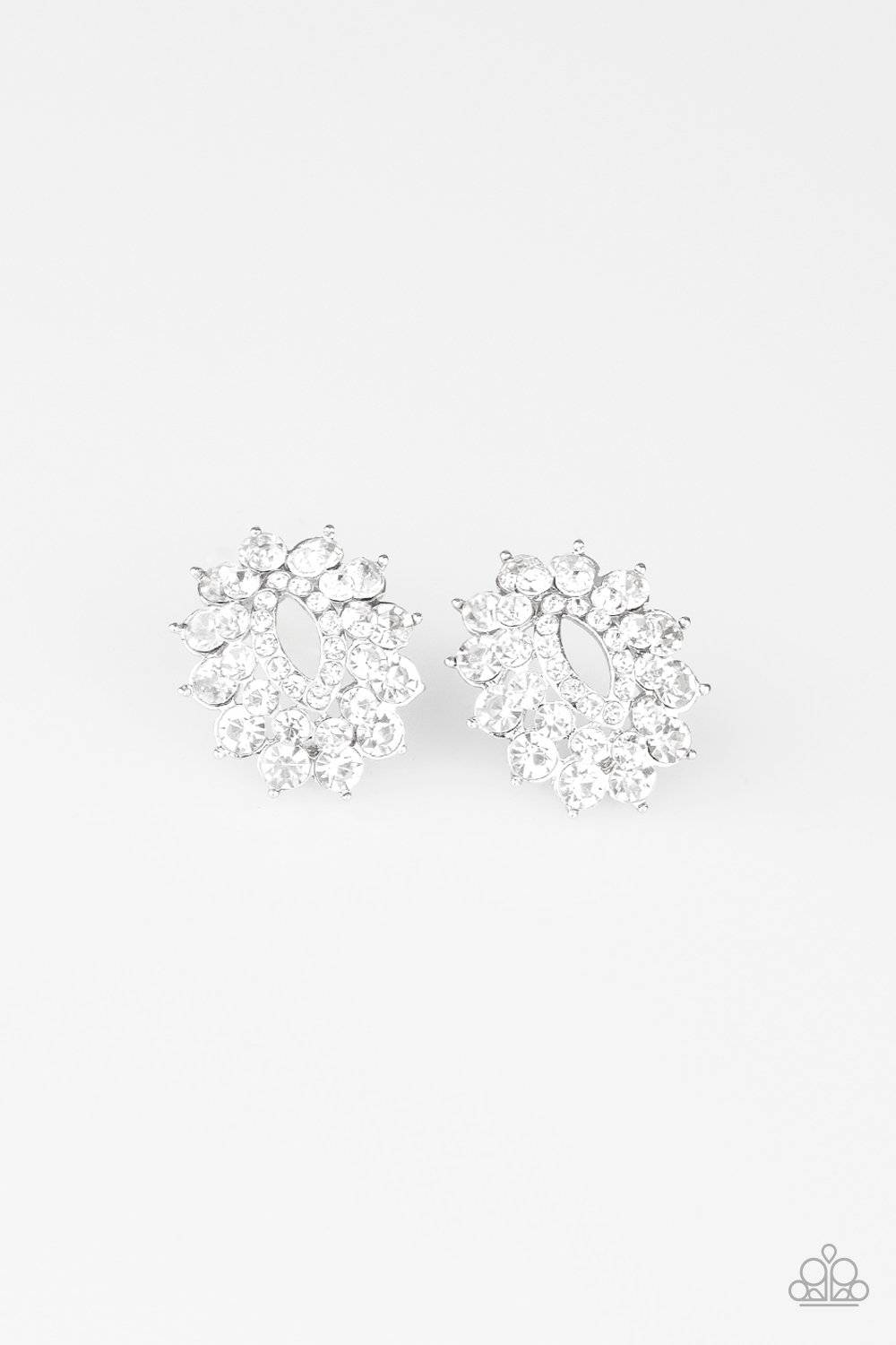 Brighten The Moment - White Rhinestone Earrings- Paparazzi Accessories - GlaMarous Titi Jewels